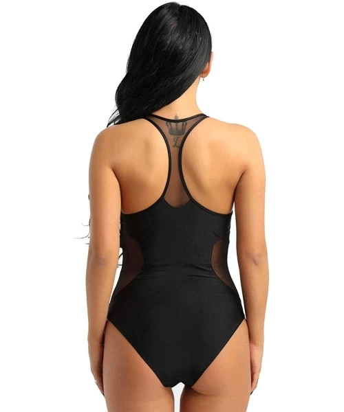 One-Pieces Womens Adult Soft Sheer Mesh Splice Sleeveless Zip Front One-Piece Bathing Suit Monokini Beach Swimwear - Black - ...