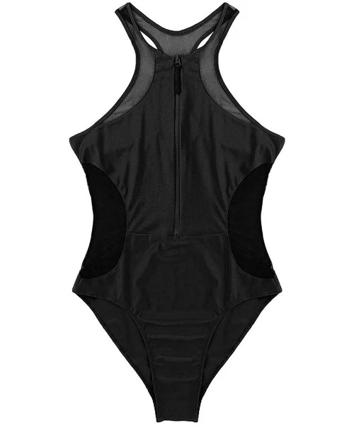 One-Pieces Womens Adult Soft Sheer Mesh Splice Sleeveless Zip Front One-Piece Bathing Suit Monokini Beach Swimwear - Black - ...