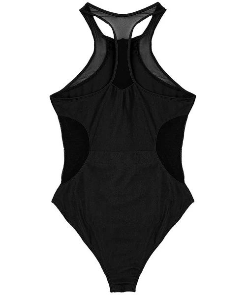 One-Pieces Womens Adult Soft Sheer Mesh Splice Sleeveless Zip Front One-Piece Bathing Suit Monokini Beach Swimwear - Black - ...