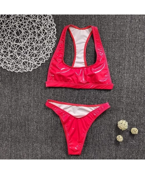 Sets Women Patent Leather Bikini Set High Cut Swimsuit Push Up Racer Back Bathing Suits Two Piece Swimwear Beachwear Red - C9...