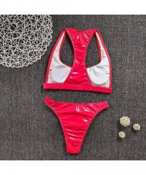 Sets Women Patent Leather Bikini Set High Cut Swimsuit Push Up Racer Back Bathing Suits Two Piece Swimwear Beachwear Red - C9...