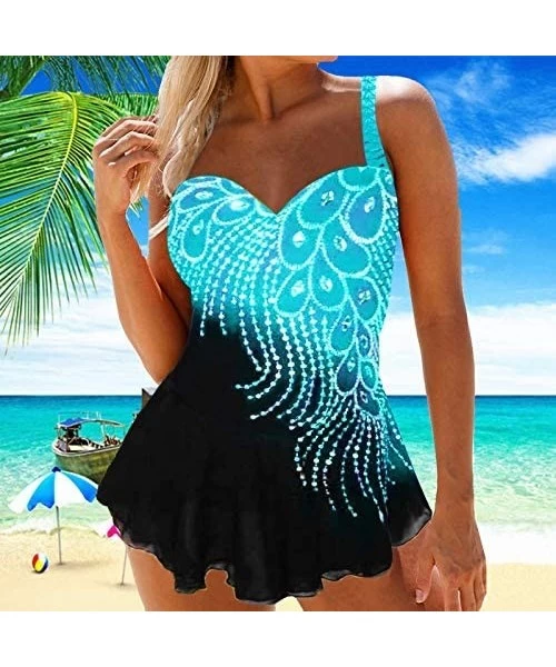 Tankinis Women Two Piece Tankini Swimwear Backless Feather Sequins Printed Straps Swimsuit with Bottom - Light Blue - CR196ON...