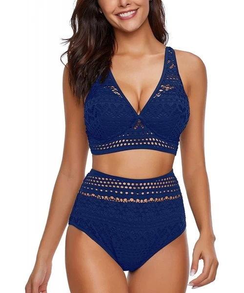 One-Pieces Women's Crochet Lace V Neck High Waist Bikini Set Two Pieces Swimsuit - Royal Blue - C818U8MSTOU