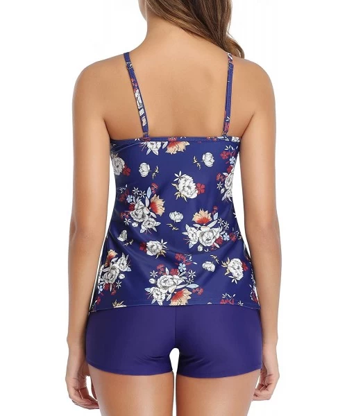 Tankinis Women Tankini Swimsuits 2 Piece Flounce Printed Top with Boyshorts Bathing Suits - Blue Floral - CY18ADIHAXX