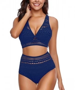 One-Pieces Women's Crochet Lace V Neck High Waist Bikini Set Two Pieces Swimsuit - Royal Blue - C818U8MSTOU