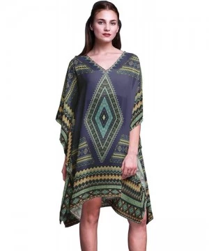 Cover-Ups Black Aztec Geometric Short Caftan Midi Dress Beach Swimwear Cover up Womens Kaftan - Navy Blue - C118NCQHTY2