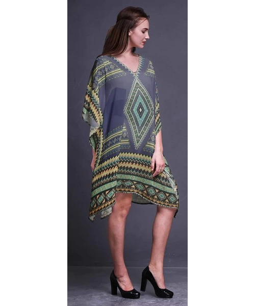 Cover-Ups Black Aztec Geometric Short Caftan Midi Dress Beach Swimwear Cover up Womens Kaftan - Navy Blue - C118NCQHTY2