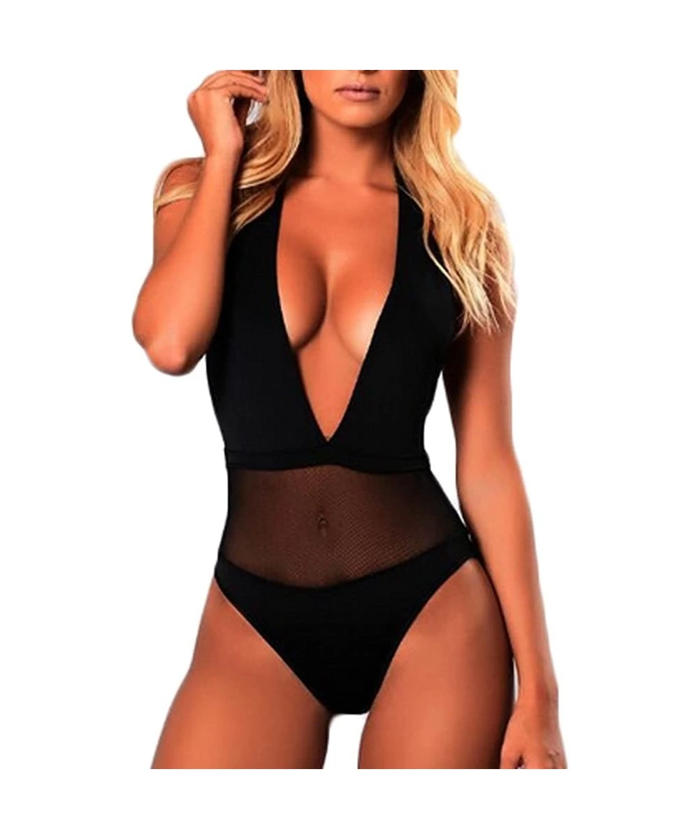 One-Pieces Women Retro One Piece Backless Swimsuit Deep Plunge Sexy See Through Mesh Halter Swimwear Monokini - Black - CH18D...