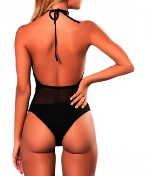 One-Pieces Women Retro One Piece Backless Swimsuit Deep Plunge Sexy See Through Mesh Halter Swimwear Monokini - Black - CH18D...