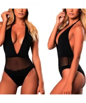 One-Pieces Women Retro One Piece Backless Swimsuit Deep Plunge Sexy See Through Mesh Halter Swimwear Monokini - Black - CH18D...