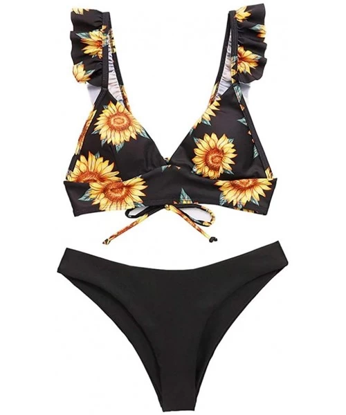 Sets Women's Sunflower Swimwear Two Piece Bathing Suits Ruffled Top with High Waisted Bottom Bikini Sets Swimsuit - Black Sun...