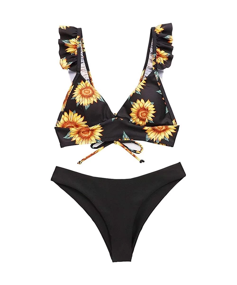 Sets Women's Sunflower Swimwear Two Piece Bathing Suits Ruffled Top with High Waisted Bottom Bikini Sets Swimsuit - Black Sun...