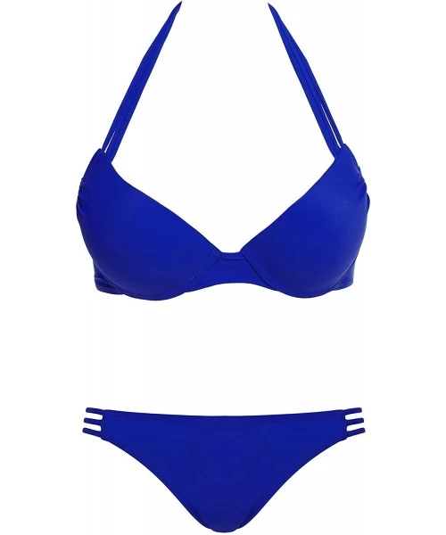 Tankinis Women's Sexy 2 Pieces Bikini Push up Padded Swimsuit Swimwear Set Blue - CY12H64PIP1