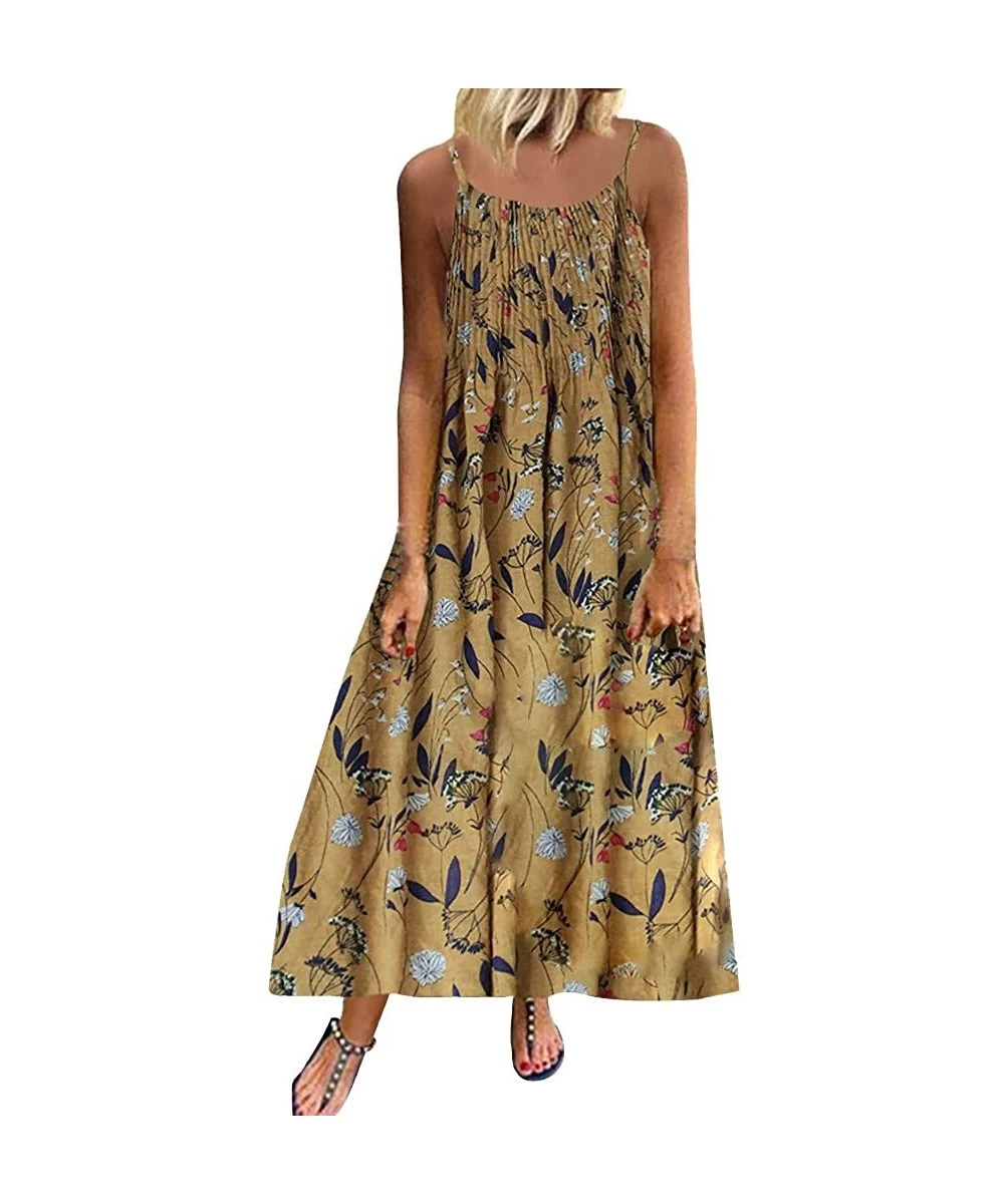 Cover-Ups Long Dress For Women- Print Maxi Dress Boho Straps Dress Dress - Yellow - CT18W73GT5W