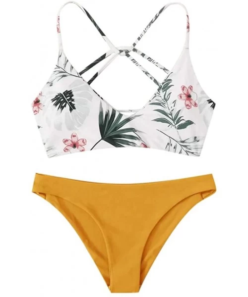 Racing Women Floral Random Print Bikini Set Push Up Swimsuit Beachwear Padded Swimwear Women Summer Fashion 2020 Yellow - CW1...