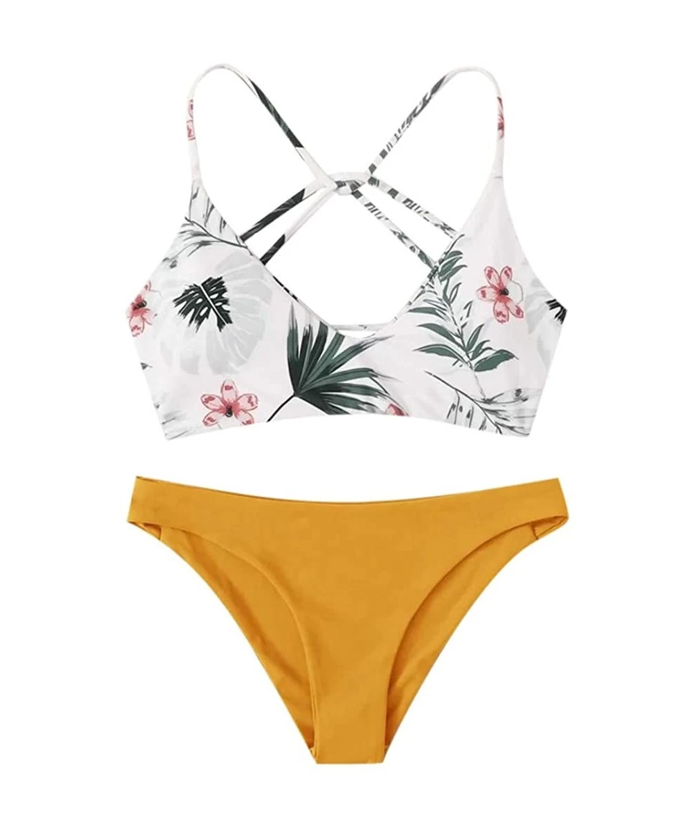 Racing Women Floral Random Print Bikini Set Push Up Swimsuit Beachwear Padded Swimwear Women Summer Fashion 2020 Yellow - CW1...