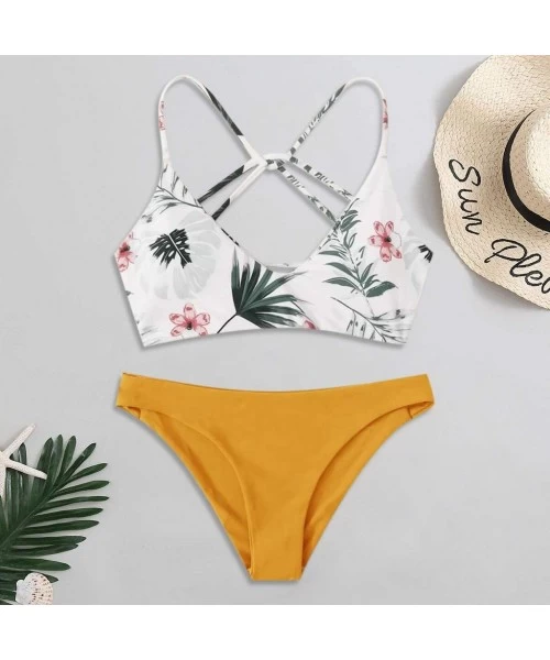 Racing Women Floral Random Print Bikini Set Push Up Swimsuit Beachwear Padded Swimwear Women Summer Fashion 2020 Yellow - CW1...