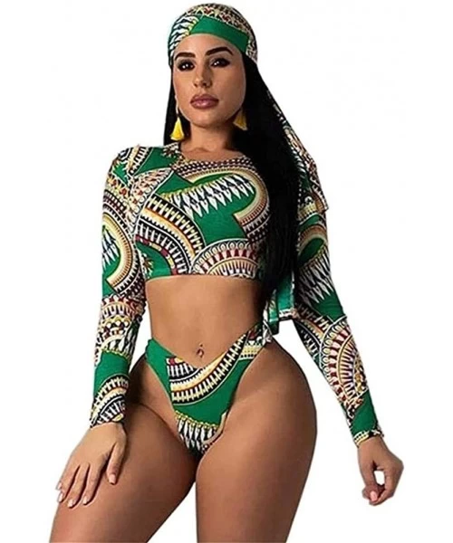 Sets 3 Piece Swimsuits Women Summer Beach Sexy Long Sleeve Crop Top and Bodycon High Waist Shorts Outfits Bikini Sets - 3 Pcs...