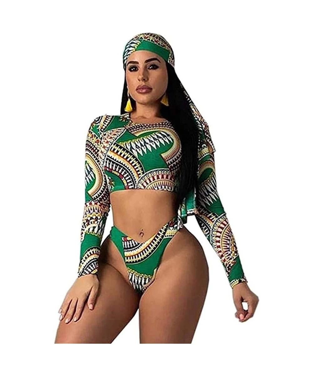 Sets 3 Piece Swimsuits Women Summer Beach Sexy Long Sleeve Crop Top and Bodycon High Waist Shorts Outfits Bikini Sets - 3 Pcs...