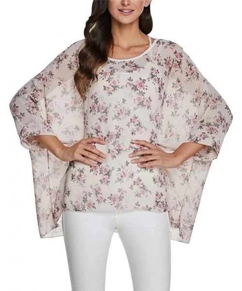 Cover-Ups Womens Floral Print Batwing Sleeve Chiffon Poncho Blouse Summer Tunic Tops PB - Pb385 - CK194WXRXE8