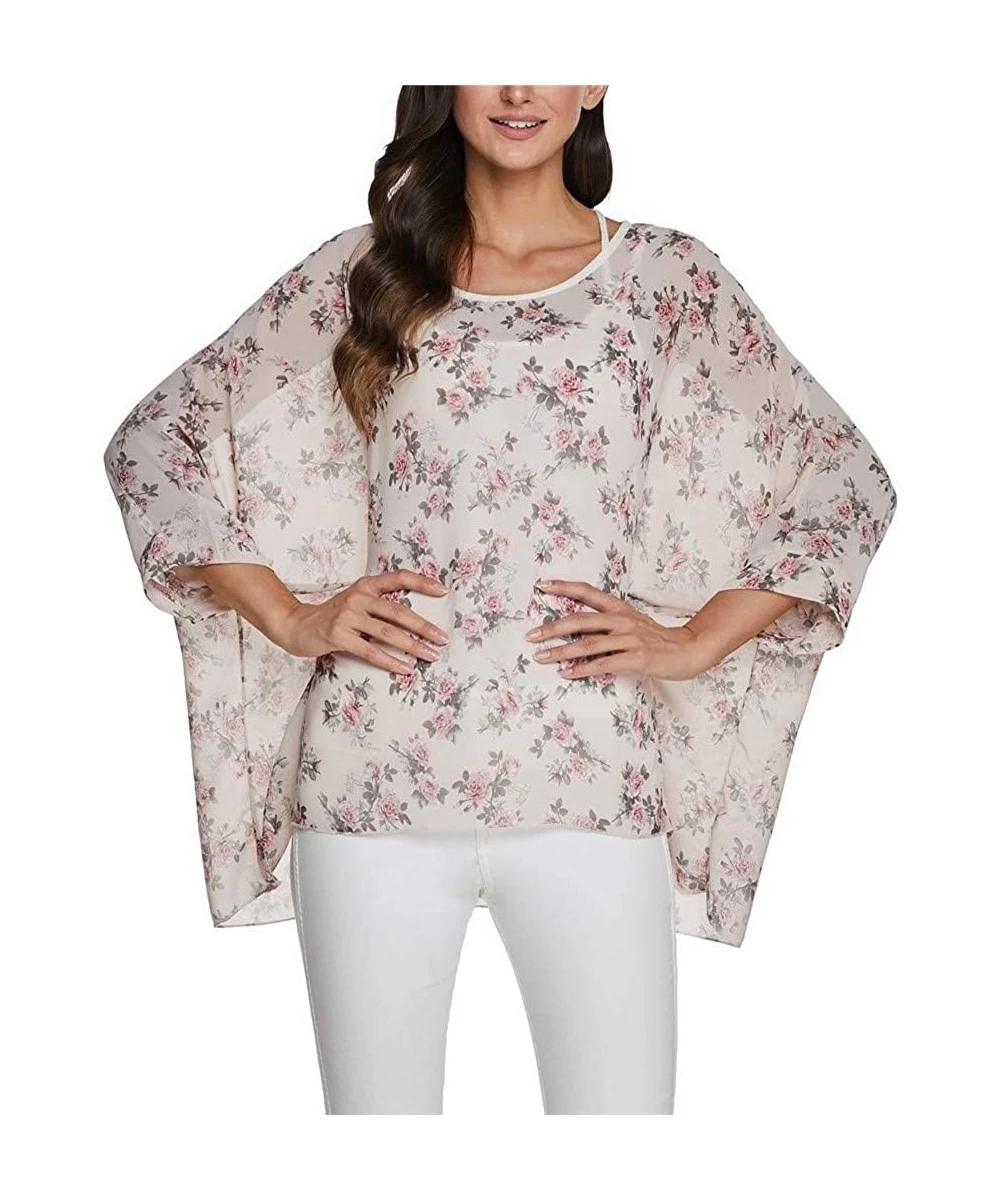 Cover-Ups Womens Floral Print Batwing Sleeve Chiffon Poncho Blouse Summer Tunic Tops PB - Pb385 - CK194WXRXE8