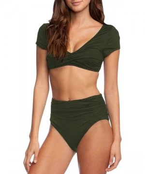 Sets Women's V Neck High Waisted Twist Ruched Bikini Sets Swimsuit - Army Green - CR18UDGY5AA