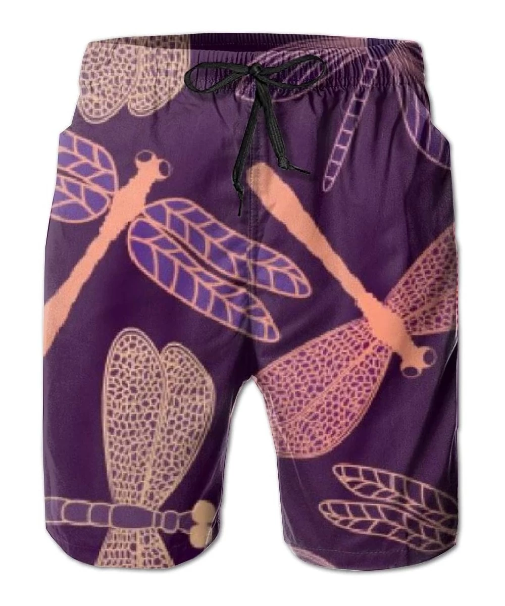 Board Shorts Men's Beach Shorts Swim Trunks Quick Dry Bathing Suit (Purple Dragonfly) - Purple Dragonfly - CA18TMZW3KA