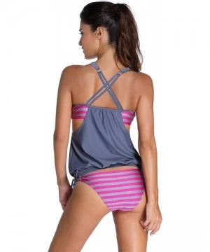 Tankinis Womens Stripes Lined Up Double Up Tankini Top Sets Swimwear - Grey - CT12FKES71V