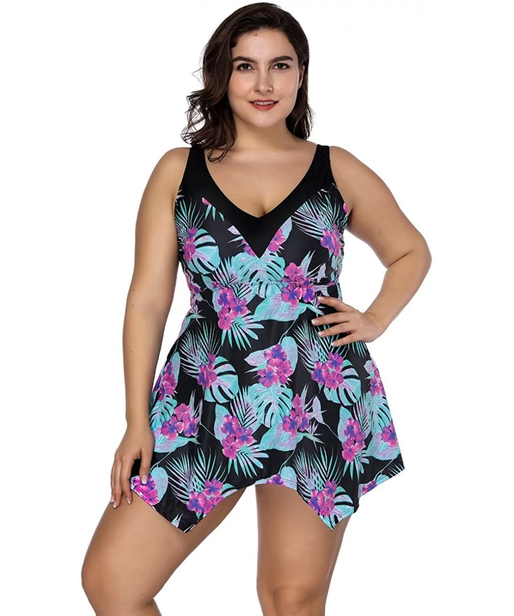 Racing Women's Plus Size Floral Swimdress High Waist Tankini Set V Neck Swimwear - Green - CZ18C3XHLOD