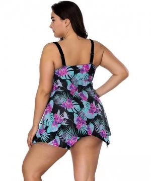 Racing Women's Plus Size Floral Swimdress High Waist Tankini Set V Neck Swimwear - Green - CZ18C3XHLOD