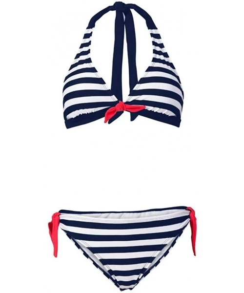 Tankinis Stripe Back Braided Straps Reversible Tank Top Strappy Lace Up Bikini Sets - Navy - CO195LOI2UN