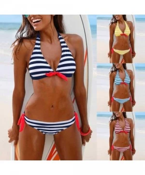 Tankinis Stripe Back Braided Straps Reversible Tank Top Strappy Lace Up Bikini Sets - Navy - CO195LOI2UN