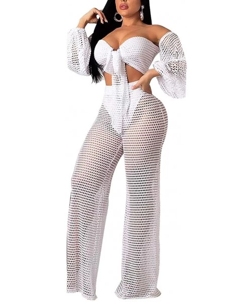 Sets Women's Sexy Hollow Out Mesh Bikini Crop Top and High Waist Pants Sets Swimwear Beach Wear - White - C018Q3WNHTT