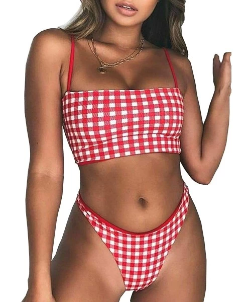 One-Pieces Sexy Cute Grid Printing Swimsuits for Women One Piece 2 Piece Bikini Set Padded Bralette Beachwear - H - C818SHWLU8W