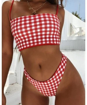 One-Pieces Sexy Cute Grid Printing Swimsuits for Women One Piece 2 Piece Bikini Set Padded Bralette Beachwear - H - C818SHWLU8W