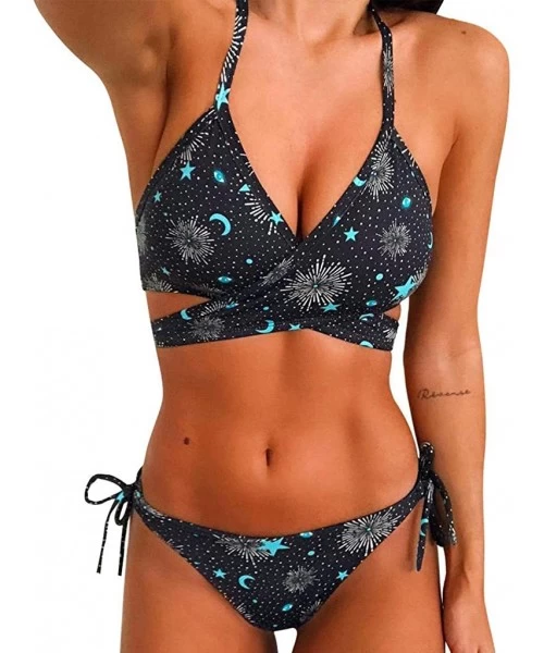 Bottoms Women Halter Criss Tie Bandage Bathing Suit Galaxy Printed Padded Bikini Two Piece V Neck Swimsuits - Black - CU194AR...