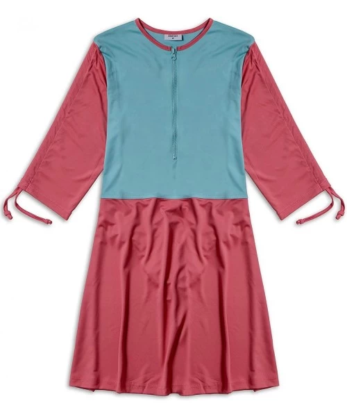 Cover-Ups Swim Dress- Modest Swimsuit for Women/Girls -One Piece Attached to Beach Coverup - Pink-aqua - CO18Q6IXUYQ