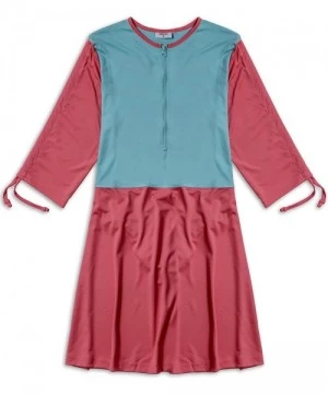 Cover-Ups Swim Dress- Modest Swimsuit for Women/Girls -One Piece Attached to Beach Coverup - Pink-aqua - CO18Q6IXUYQ