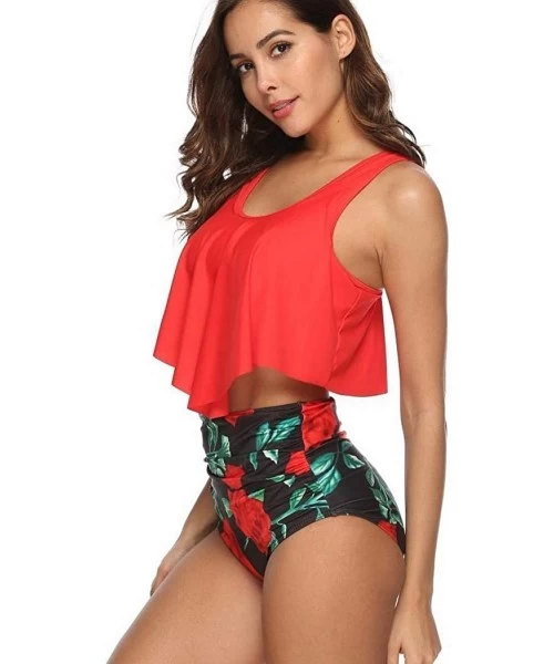 Sets Women Pleated Bikinis Set Split Two-Piece Swimsuit O-Neck Swimwear with Pad - Red Green Black - CK190TOX5LT