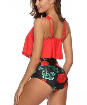 Sets Women Pleated Bikinis Set Split Two-Piece Swimsuit O-Neck Swimwear with Pad - Red Green Black - CK190TOX5LT