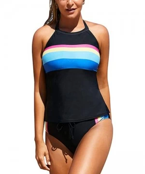 Tankinis Womens Retro Stripes Halter Neck Sporty Tankini Set Boyshorts Swimsuits - Black - CC18SW0K0ZT