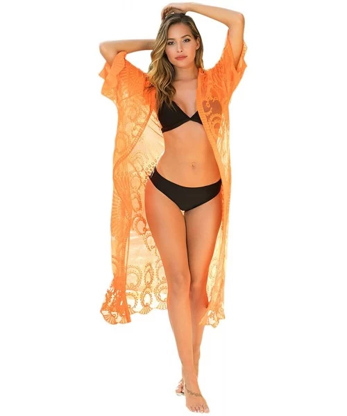 Cover-Ups Women's Casual Lace Flowy Kimono Long Cardigan Beach Bikini Cover Ups - Hs3018 Orange - CJ197ZH2R5T