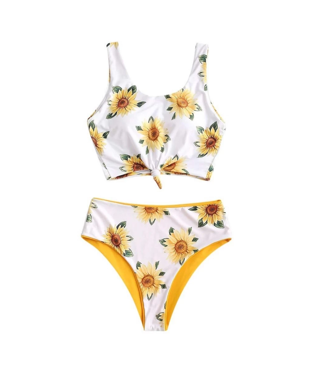 Sets Women Falbala High-Waisted Bikini Set Push-Up Swimsuit Bathing- Ladies Split high Waist Sunflower Print Swimsuit Bikini ...