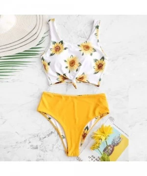 Sets Women Falbala High-Waisted Bikini Set Push-Up Swimsuit Bathing- Ladies Split high Waist Sunflower Print Swimsuit Bikini ...