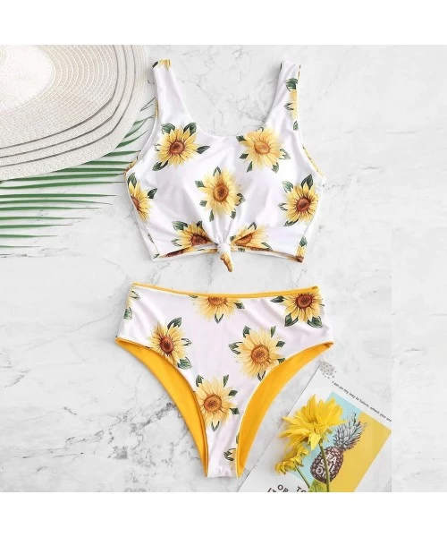 Sets Women Falbala High-Waisted Bikini Set Push-Up Swimsuit Bathing- Ladies Split high Waist Sunflower Print Swimsuit Bikini ...