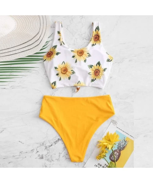 Sets Women Falbala High-Waisted Bikini Set Push-Up Swimsuit Bathing- Ladies Split high Waist Sunflower Print Swimsuit Bikini ...