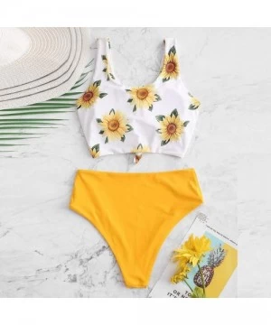 Sets Women Falbala High-Waisted Bikini Set Push-Up Swimsuit Bathing- Ladies Split high Waist Sunflower Print Swimsuit Bikini ...