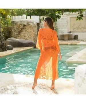 Cover-Ups Women's Casual Lace Flowy Kimono Long Cardigan Beach Bikini Cover Ups - Hs3018 Orange - CJ197ZH2R5T