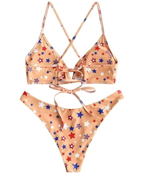 Sets 2020 Summer Women's Floral Print V Wired Underwire High Cut Spaghetti Straps Bikini Set Two Piece Swimsuit E pink - CC19...