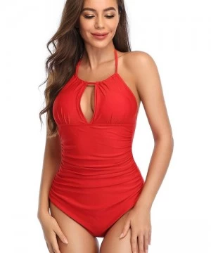 One-Pieces One Piece Swimsuits for Women Tummy Control Swimwear Keep Secrets Halter V Neck Keyhole Bathing Suits - Red - CY19...